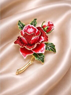 Red Rose Floral Gold Brooch